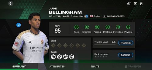 The 95 OVR Jude Bellingham Moments card stats (Image via EA Sports)