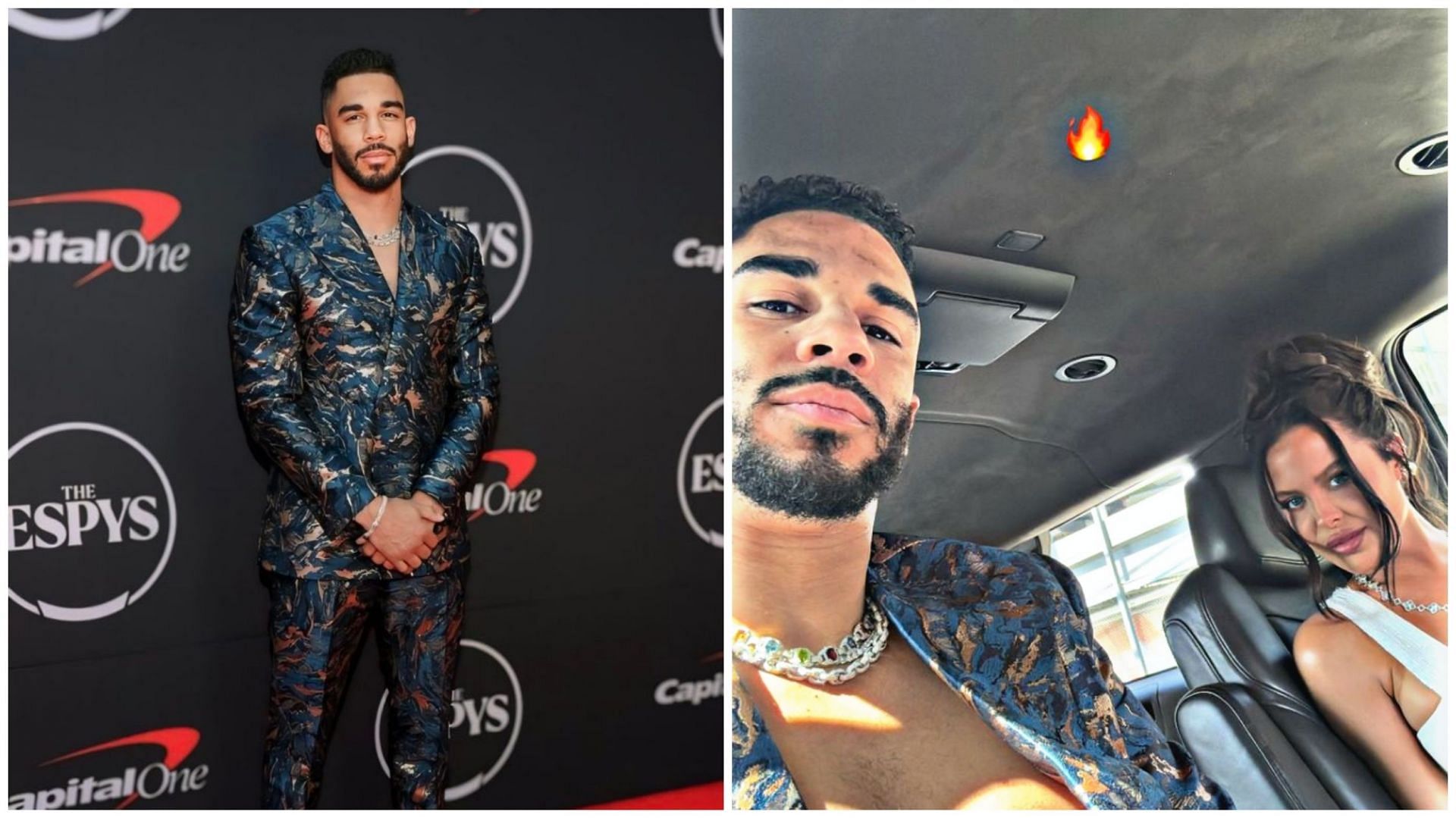 Evander Kane rocks double-breasted blue and gold suit with girlfriend Mara Teigen at The ESPYs