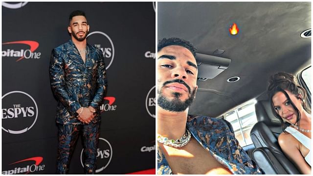 Evander Kane rocks double-breasted blue and gold suit with girlfriend Mara Teigen at The ESPYs