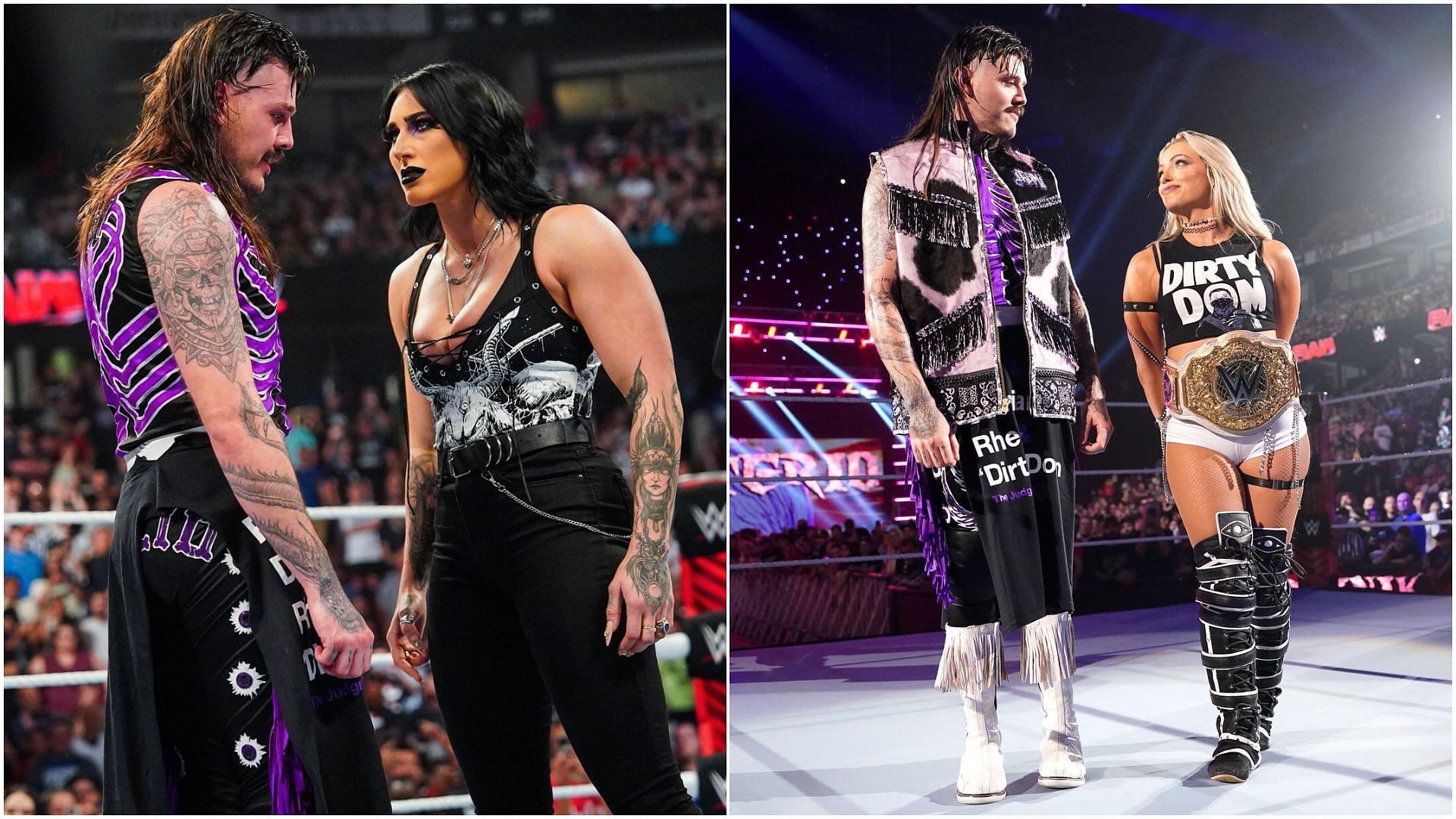 Dominik Mysterio &amp; Rhea Ripley (left), Liv Morgan &amp; Dominik (right) [Image credits - Rhea and Morgan
