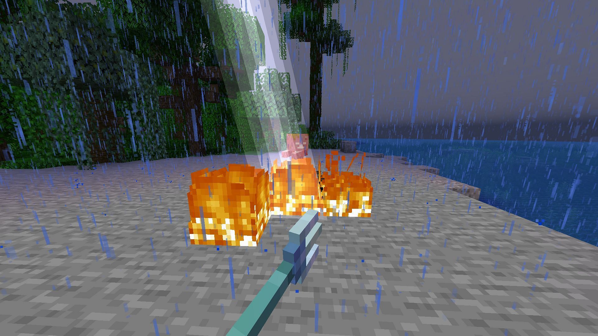 Channeling allows Minecraft players to command lightning with their trident. (Image via Mojang)