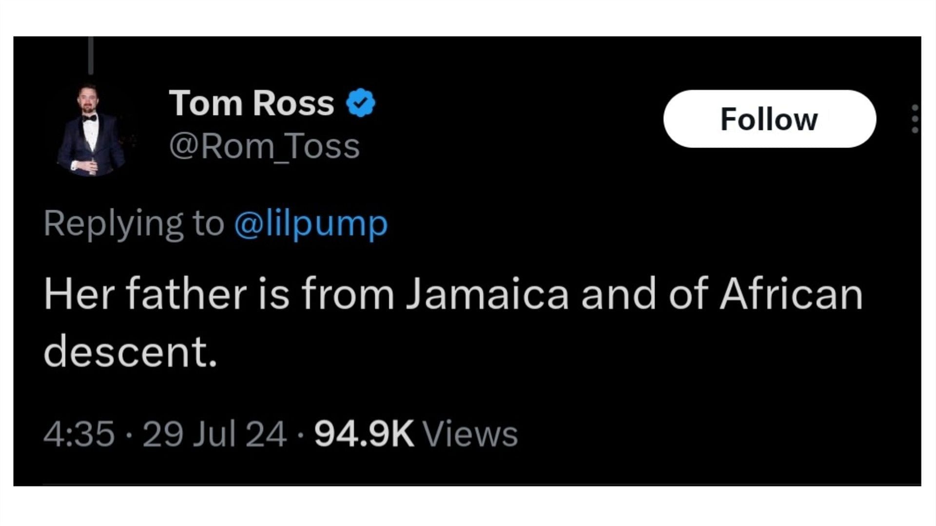 A fan reaction to Lil Pump&#039;s latest tweet on Harris (Image via @Rom_Toss/X)