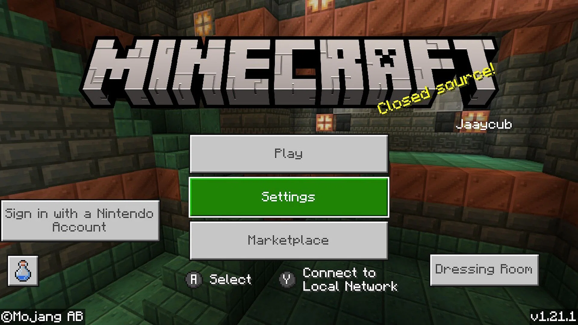 The &quot;Settings&quot; option on the 1.21.1 main menu (Image via Mojang)