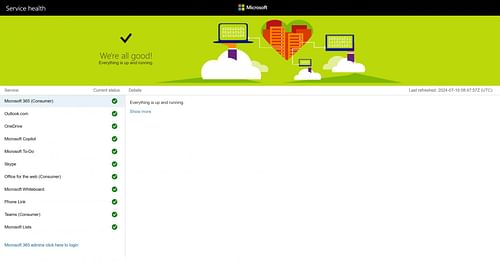 The server status page shows all services are up and running (Image via Microsoft)