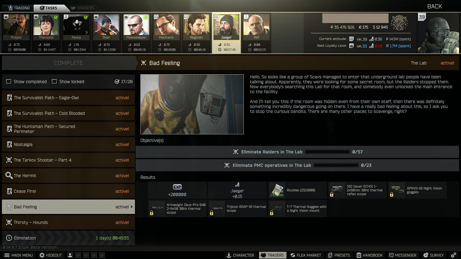 The task objectives and their rewards (Image via Battlestate Games)