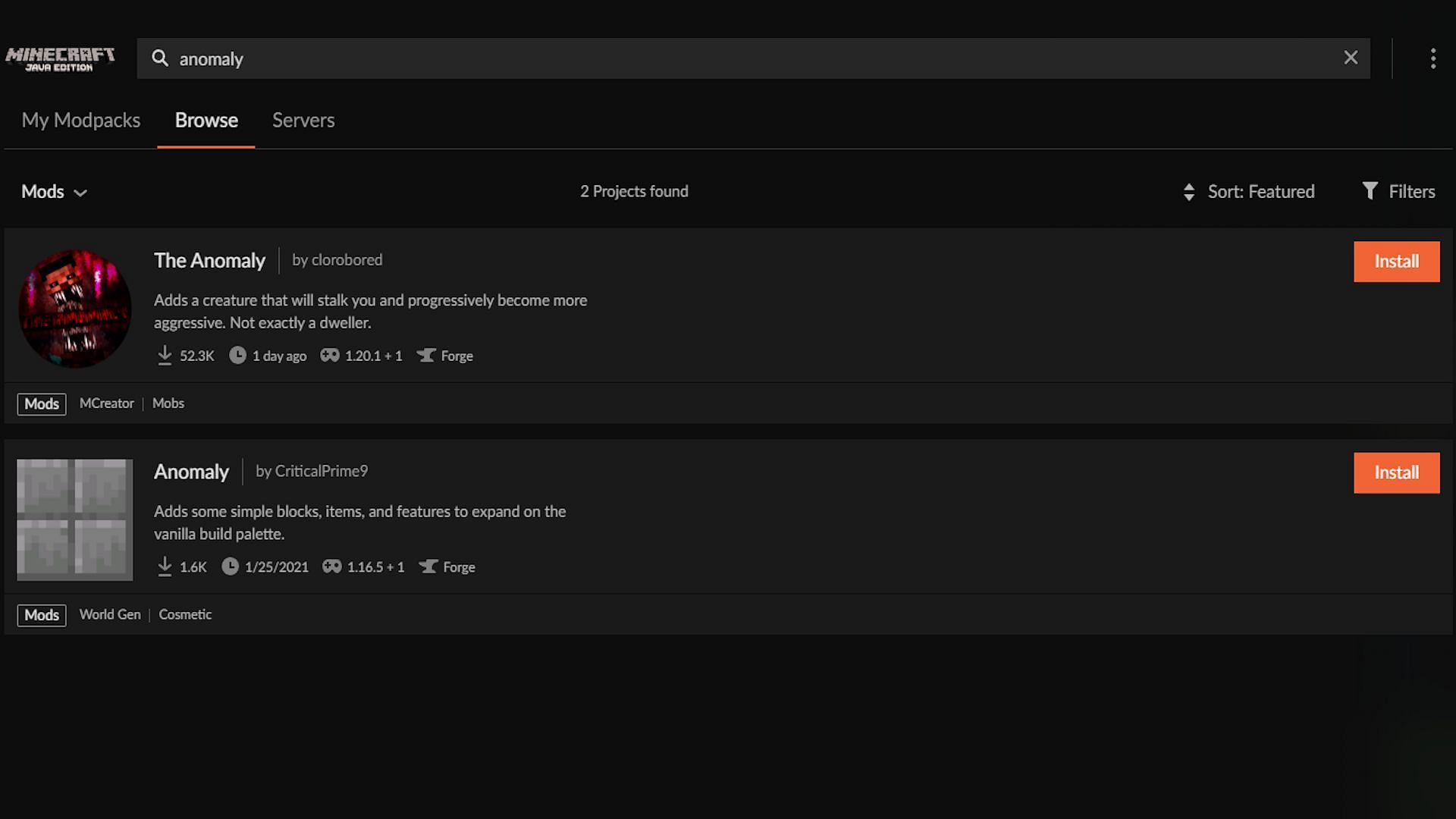 The results for the &quot;anomaly&quot; search term (Image via CurseForge)