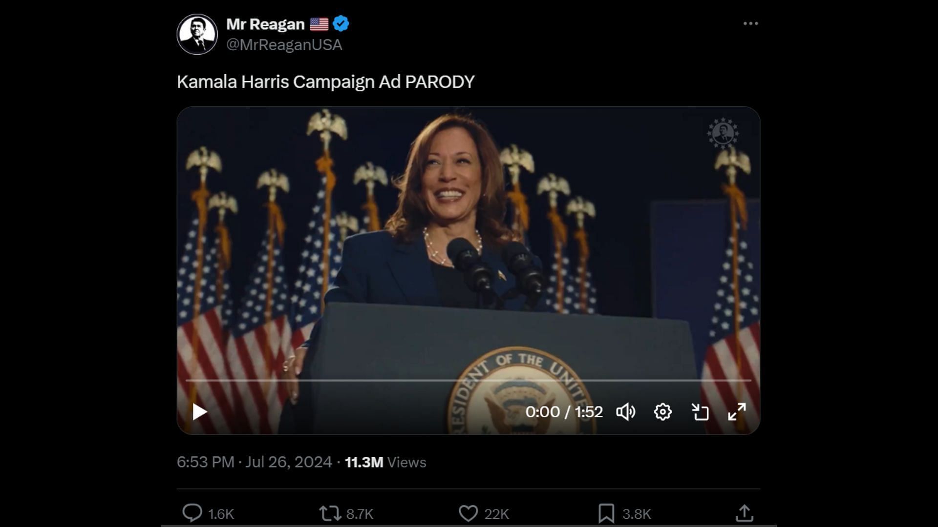 The original tweet featuring the ad parody (Image via X/@MrReaganUSA)