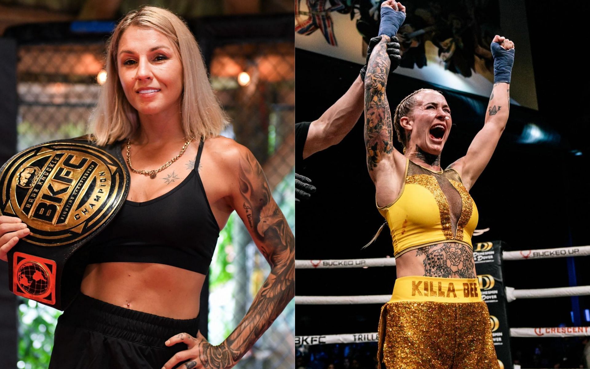 Britain Hart (left) defends her BKFC women