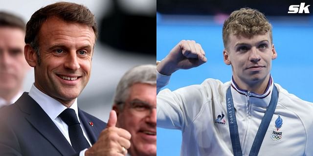 President Emmanuel Macron hails Leon Marchand on securing a gold medal in the 400m IM at Paris Olympics. (Source- Getty Images)