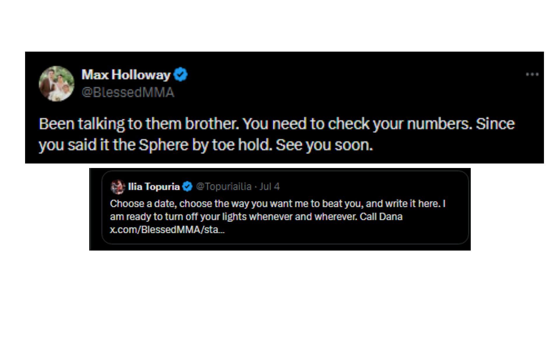 Max Holloway&#039;s tweet responding to Ilia Topuria [Image courtesy: @BlessedMMA - X]