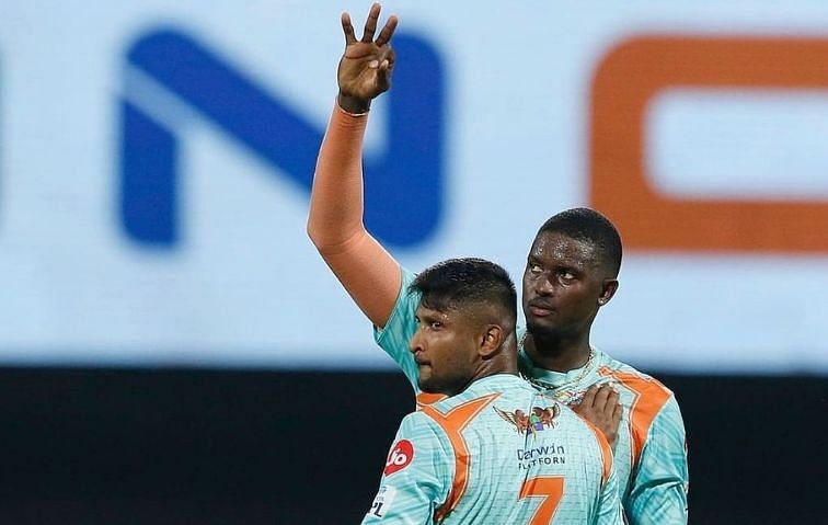 Jason Holder celebrating with his teammate Krishnappa Gowtam in their match against Sunrisers Hyderabad in IPL 2022 (Image Credits: Jason Holder&#039;s Instagram)