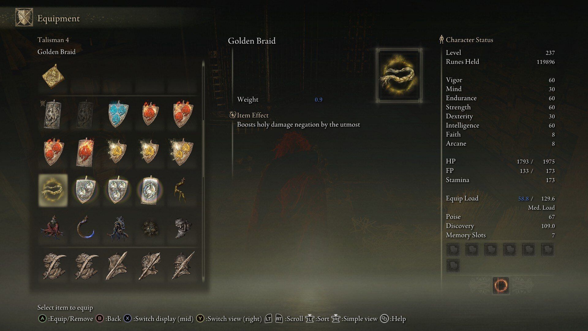 The Golden Braid is an essential part of this build, since it helps you negate a ton of Holy damage Radahn does in the second phase (Image via FromSoftware)