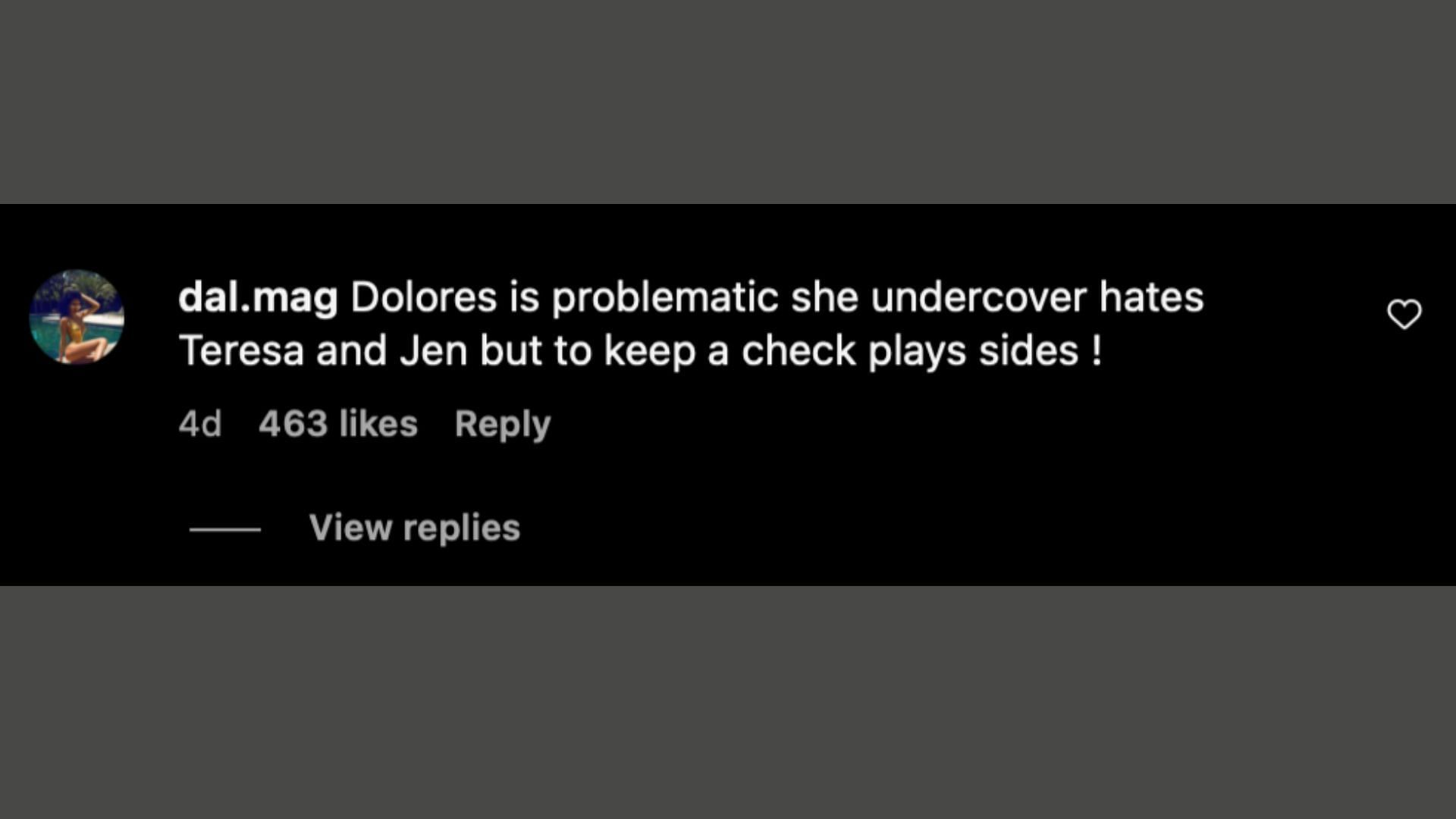 A screenshot of the comment on a RHONJ season 14 episode 10 clip (Image via Instagram/@rhonjobssesed)