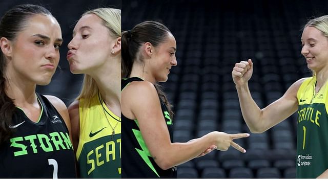Paige Bueckers and Nika Mühl share courtside fun playing stone paper  scissors during Seattle vs Chicago game
