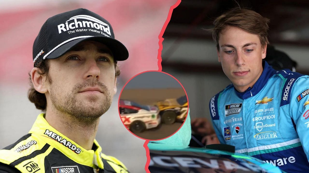 Ryan Blaney looks on (L), Carson Hocevar (R). Image courtesy: Getty. Carson Hocevar made contact with Harrison Burton (inset) Credit: NASCAR on YouTube.(YouTube/@nascar)