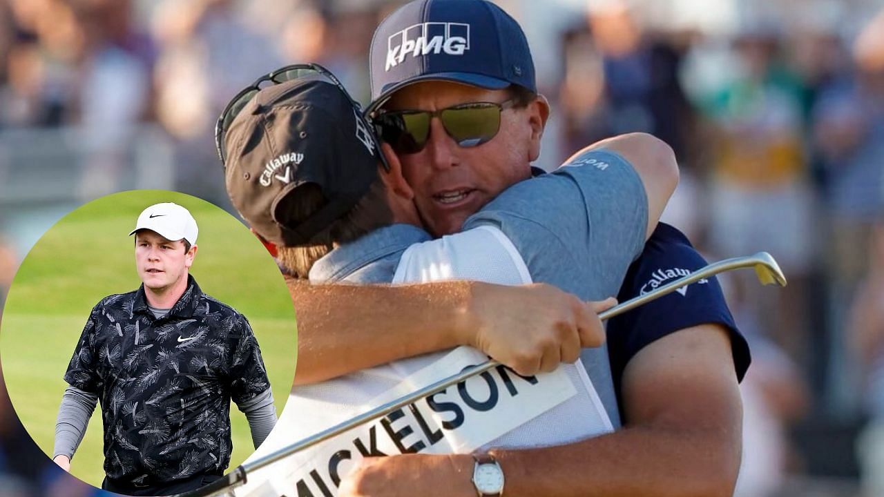 Phil Mickelson embracing his caddie; In Circle: Robert MacIntyre (Images from Instagram)