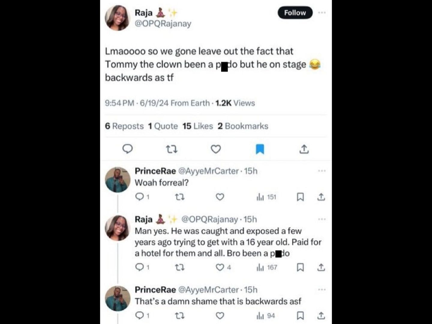 X user accuses Tommy The Clown of engaging with a minor. (Image via X/@AkademiksTV)