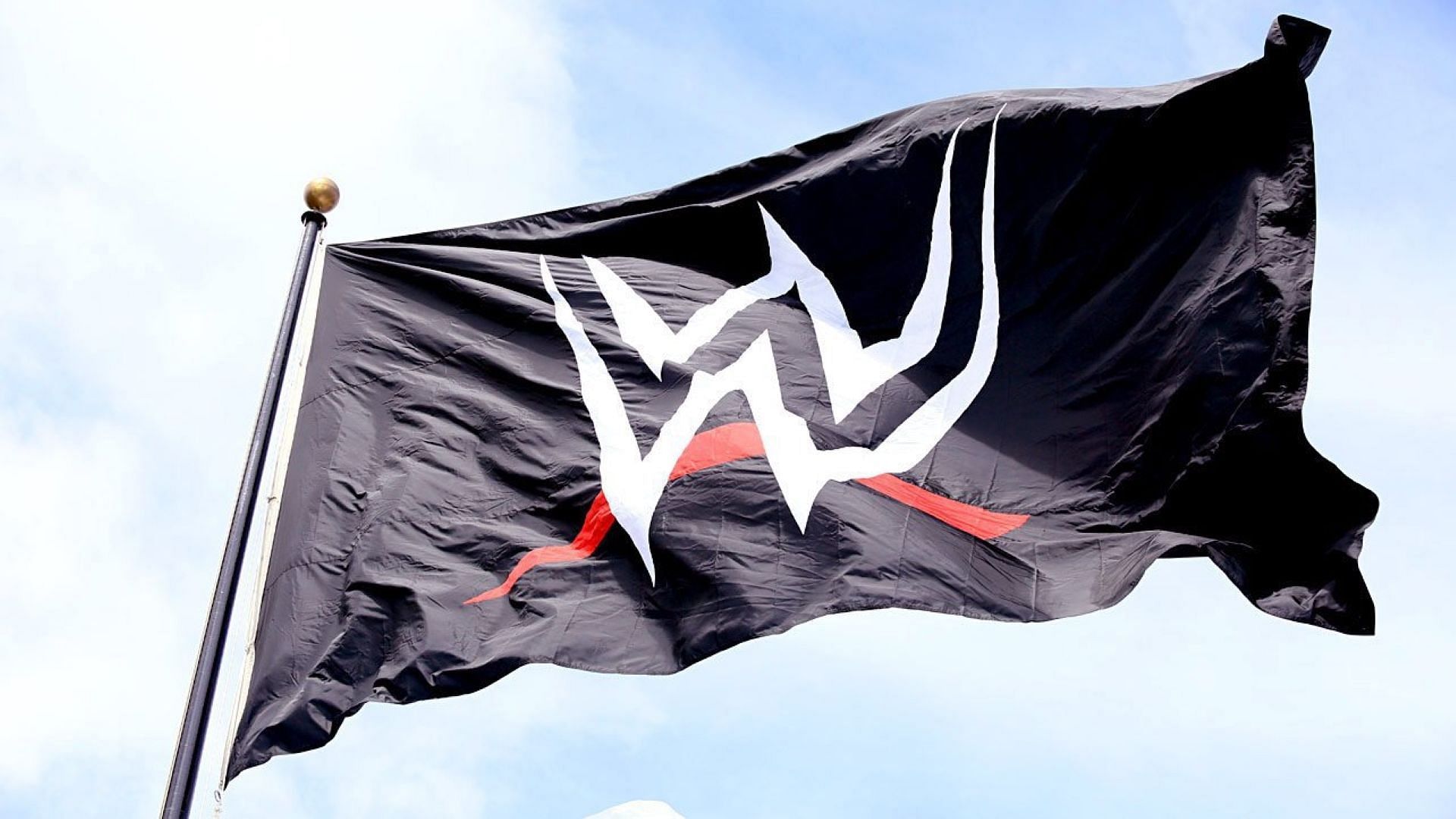 The official WWE logo flag on display at company HQ in Stamford, CT