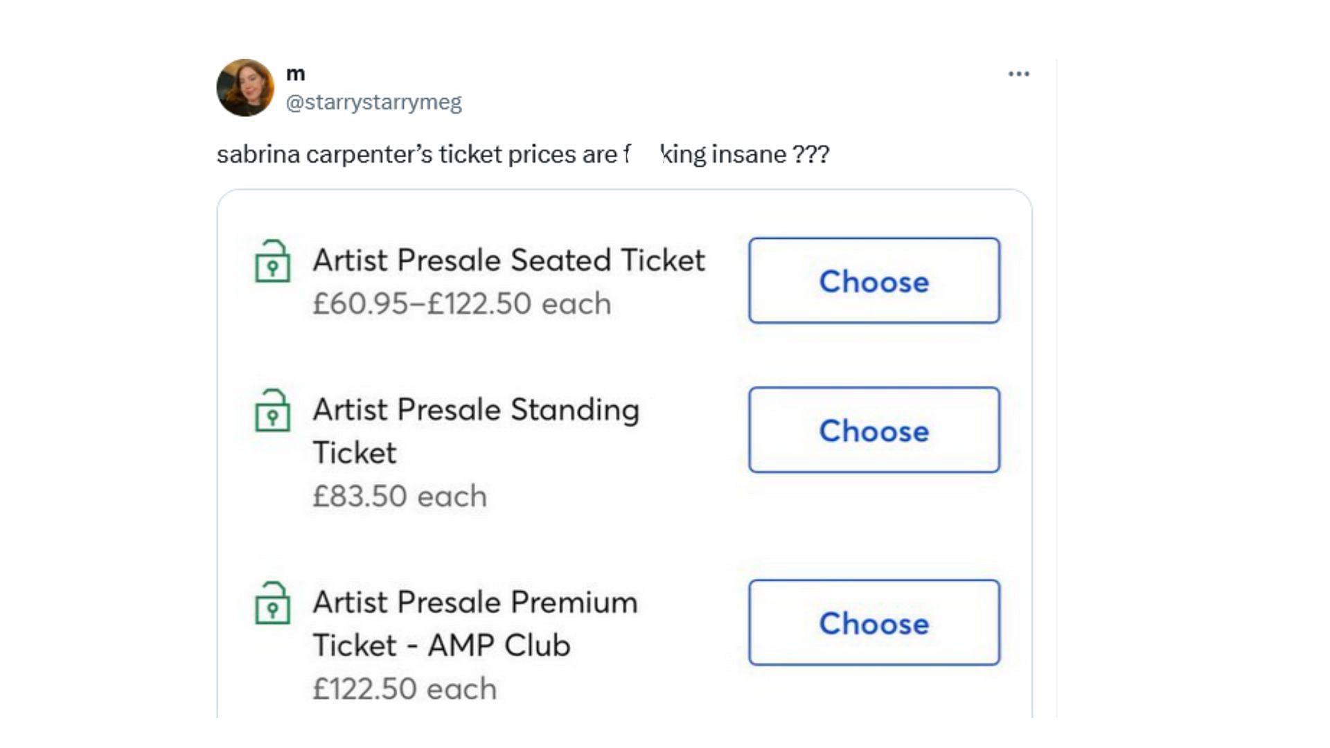 The ticket prices for Sabrina Carpenter&#039;s show (Image via X / @starrystarrymeg)