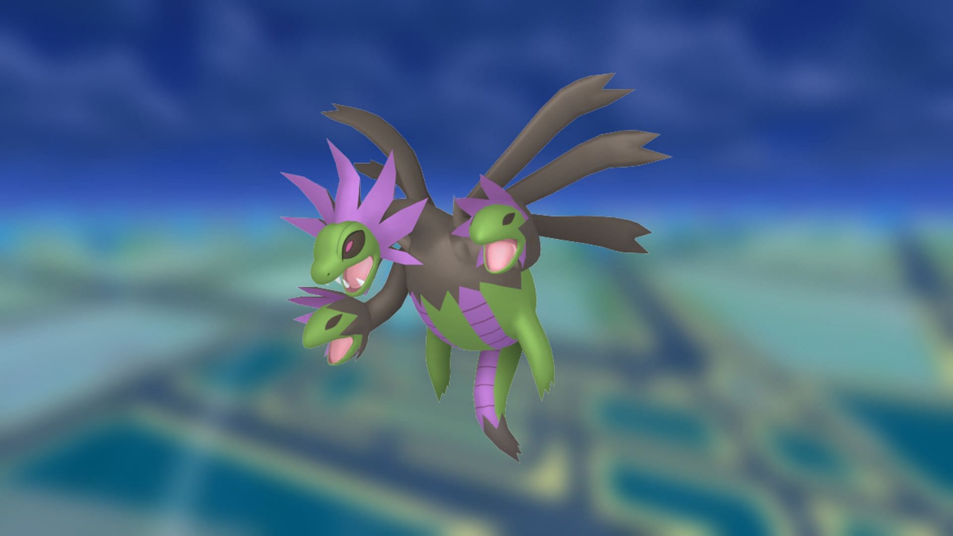 Shiny Hydreigon&#039;s primary black coloring compliments the dark green shade of its skin (Image via The Pokemon Company)