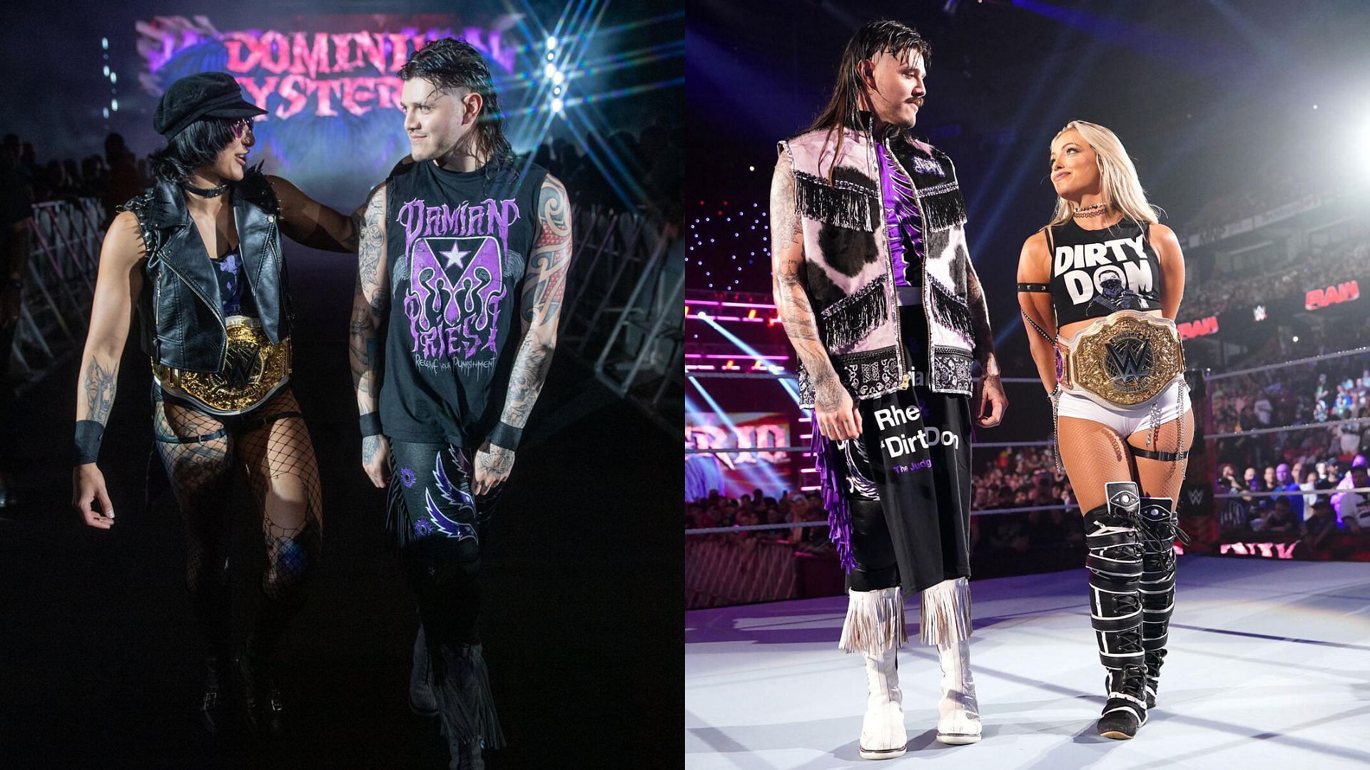 Dominik Mysterio with Rhea Ripley &amp; Liv Morgan [Image Credits: WWE.com]