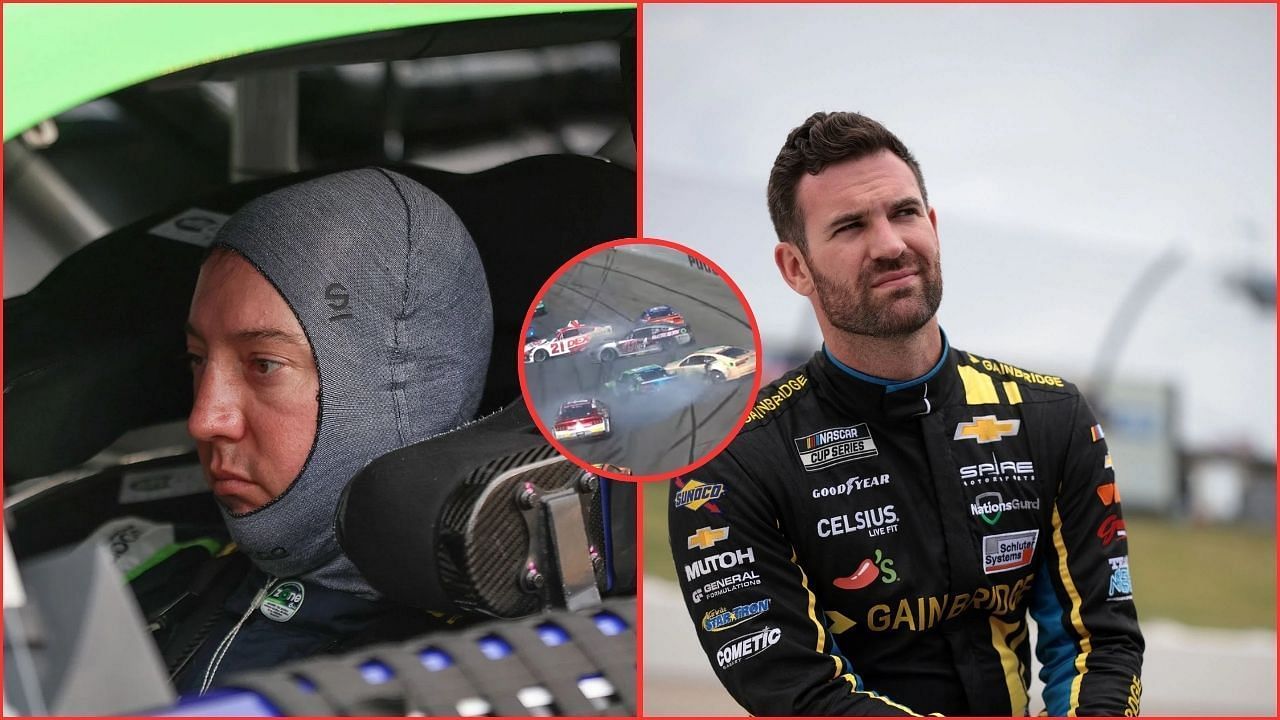 Kyle Busch gets wrecked in a multi-car crash initiated by Corey Lajoie at Pocono Raceway (Images from NASCAR on YouTube and Getty Images)