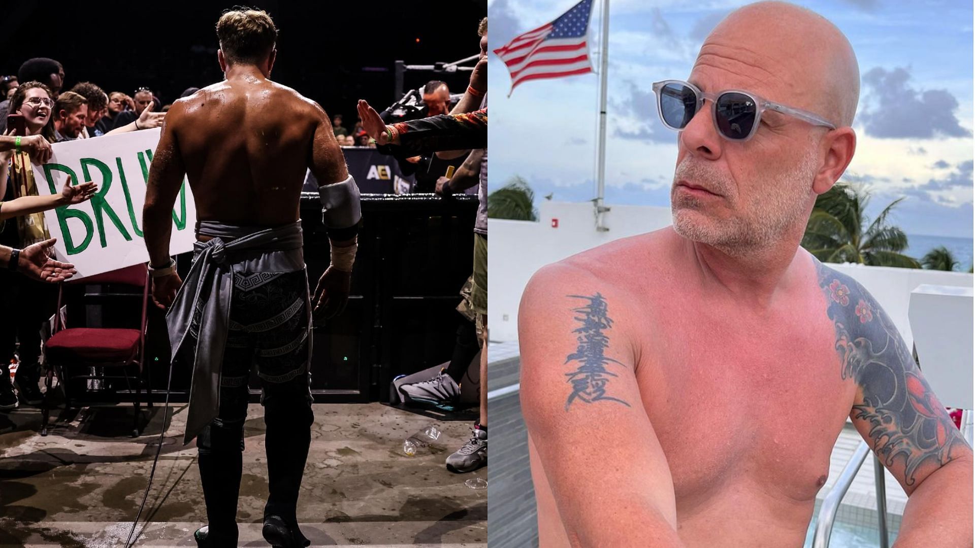 AEW star Will Ospreay and Hollywood icon Bruce Willis.