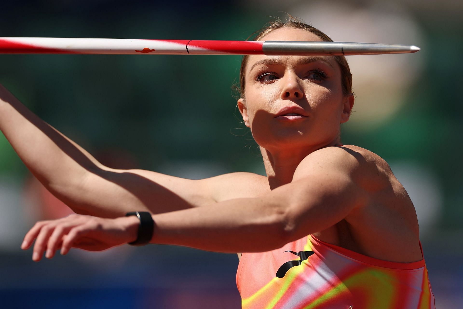 Chari Hawkins competes in the women&#039;s heptathlon javelin throw at the 2024 U.S. Olympic Team Track &amp; Field Trials in Eugene, Oregon. (Photo by Getty Images)