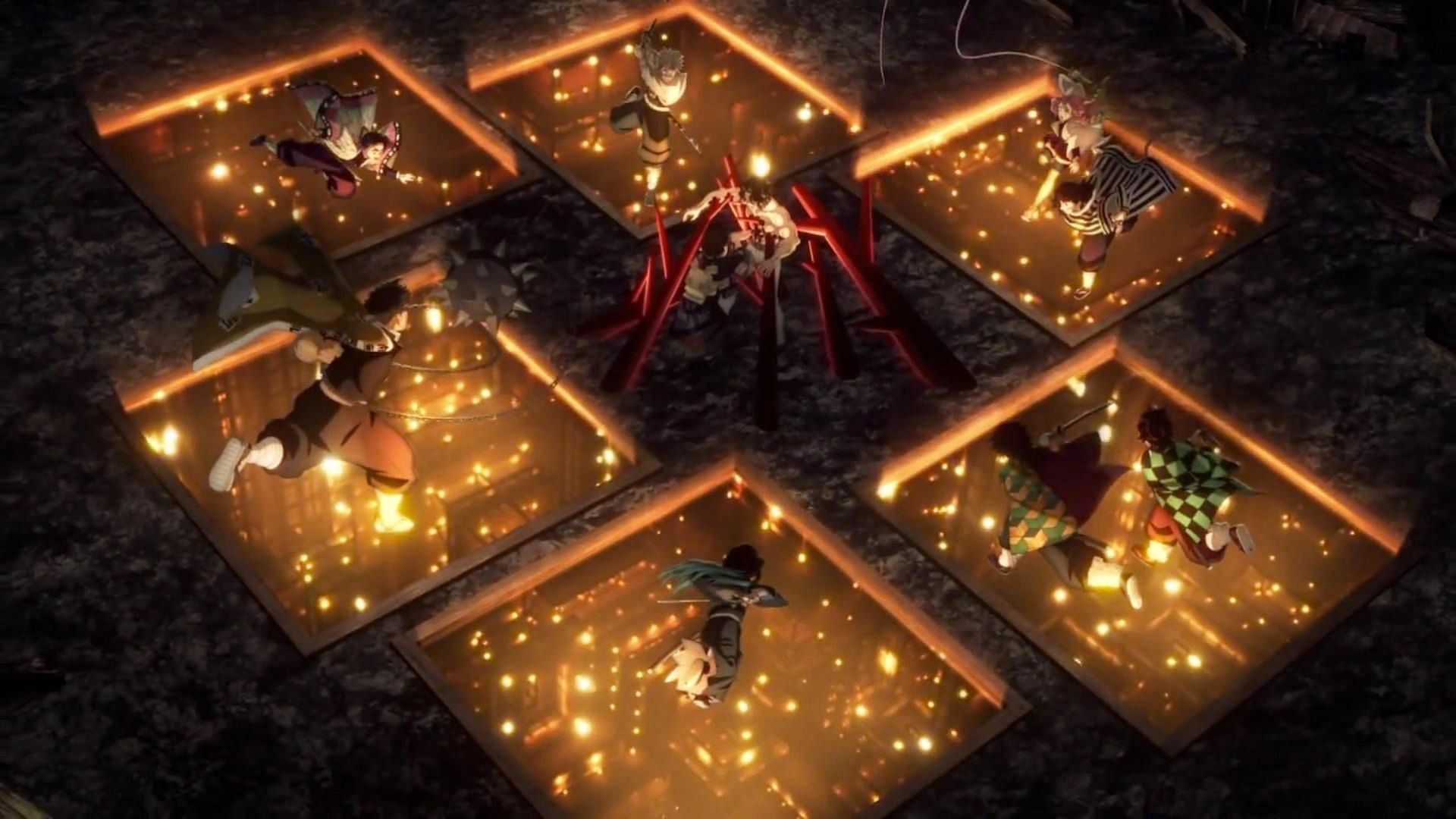 The Demon Slayers fall into the Infinity Castle (Image via Studio Ufotable)