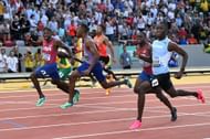Noah Lyles, Zharnel Hughes and Letsile Tebogo at the World Athletics Championships 2023 (Photo via Getty)