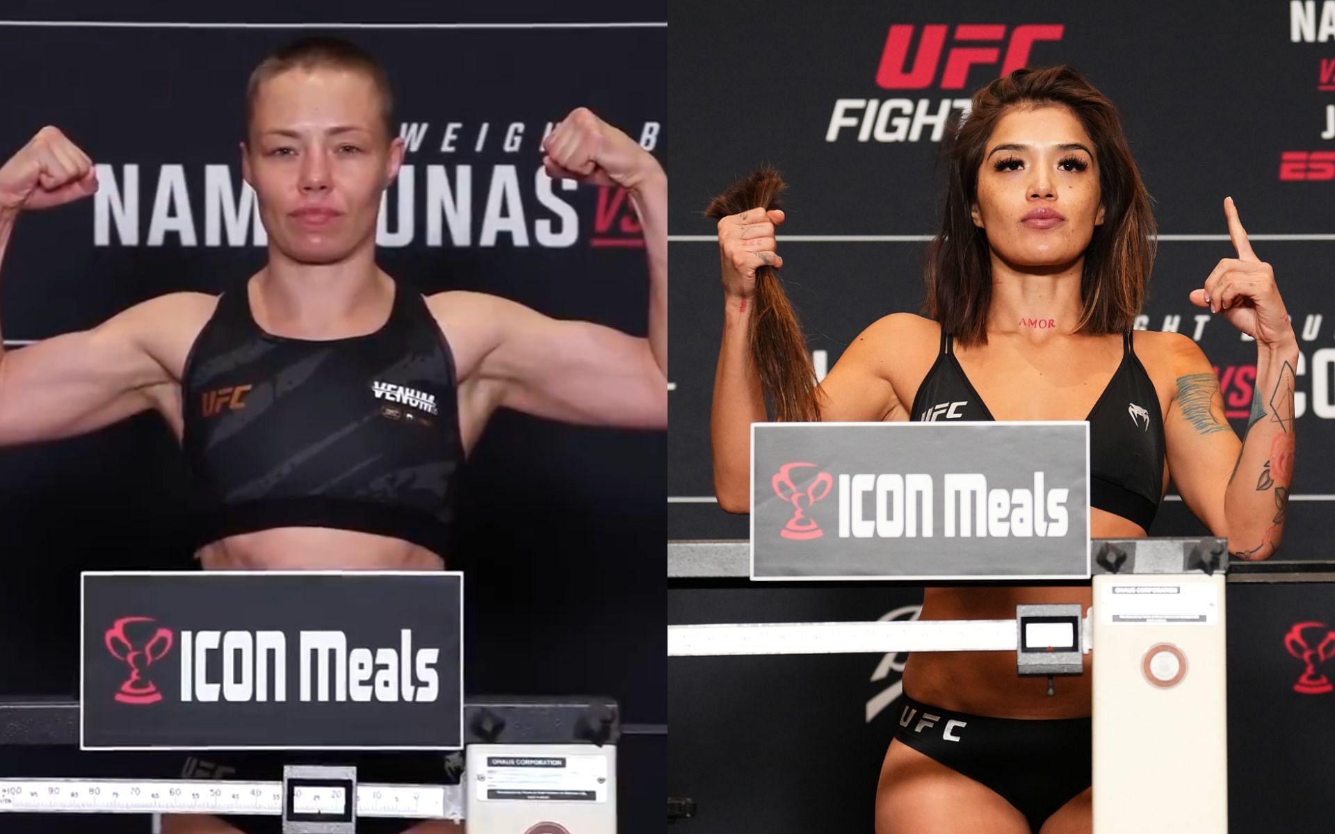 Rose Namajunas (left) and Tracy Cortez (right) make weight to confirm the UFC Denver main event. [Images courtesy: @ufc on X]