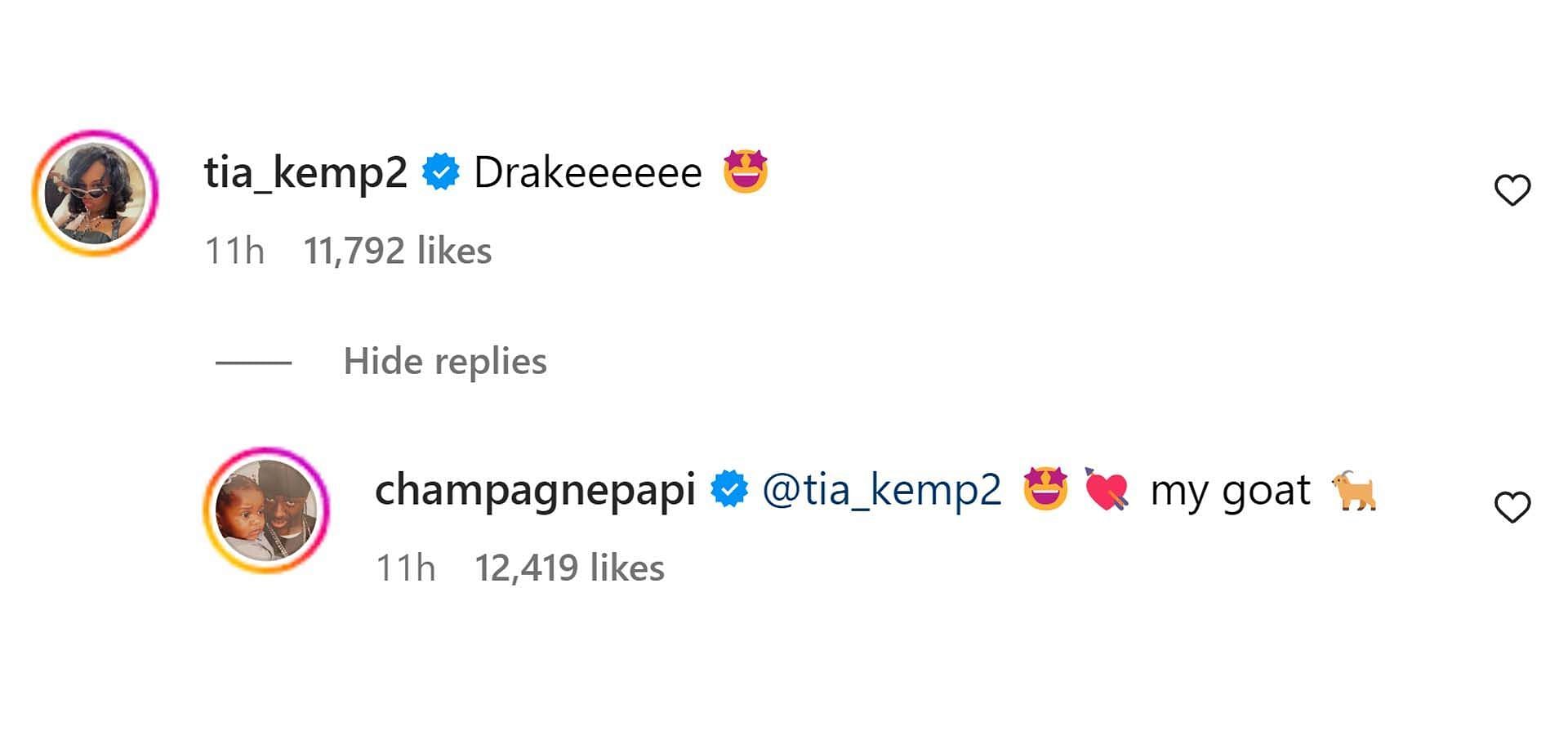 Tia Kemp&#039;s comment reacting to the post (Image via Instagram/ @champagnepapi)
