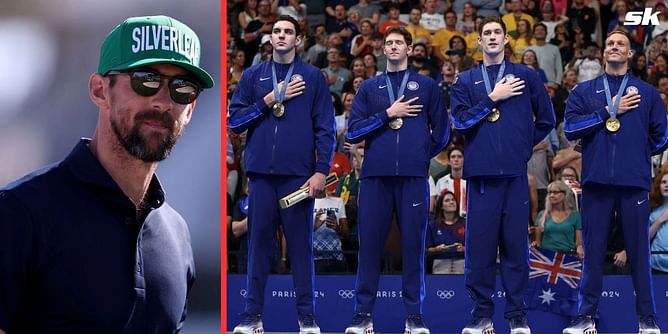 Michael Phelps reacts to Team USA's 4x100m freestyle relay team winning the first gold medal of Paris Olympics 2024