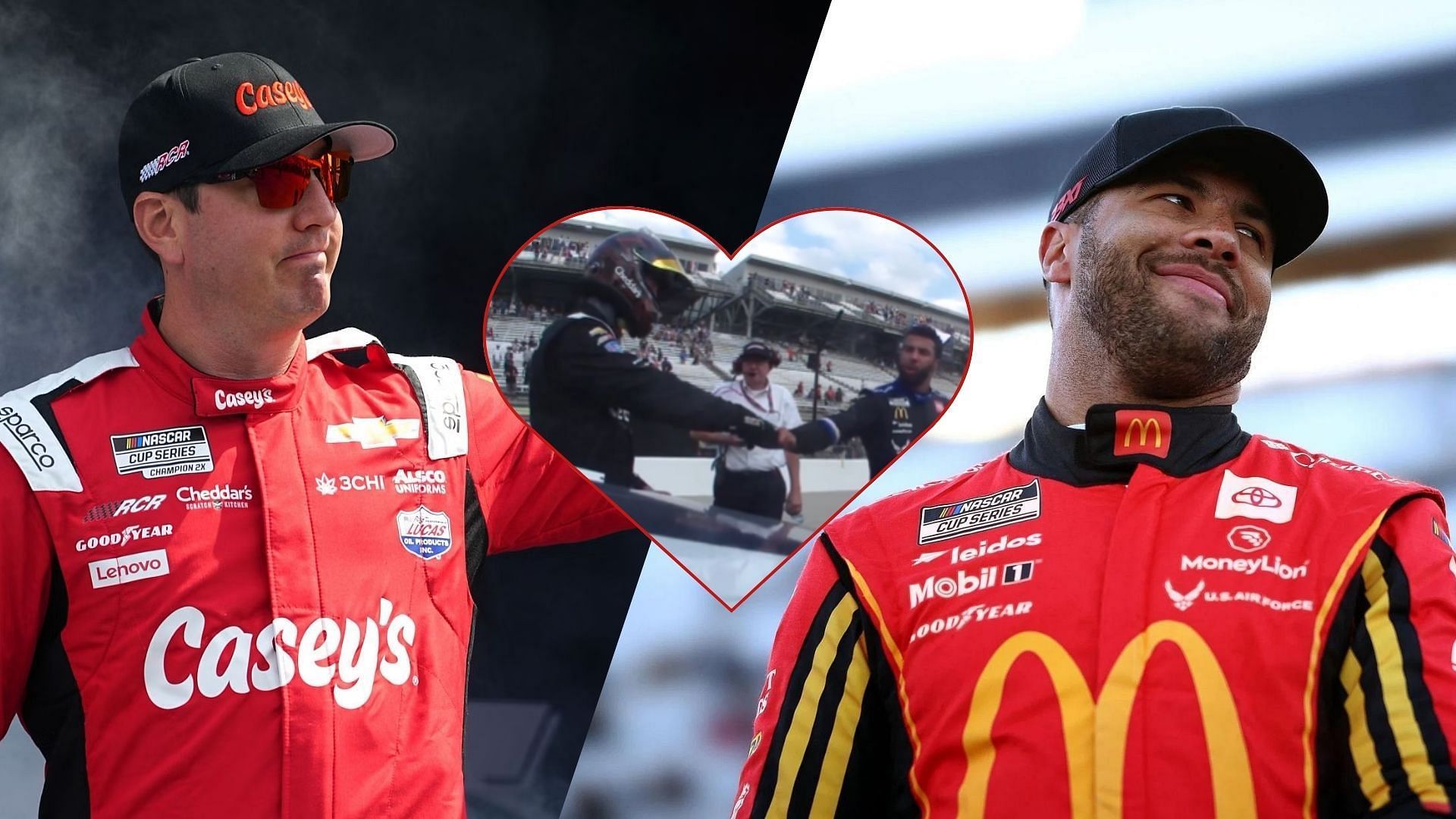 Kyle Busch (L) helps Bubba Wallace (R) make it to the pitlane at IMS (Image: (L and R- Getty) (Center- @NASCAR on X)