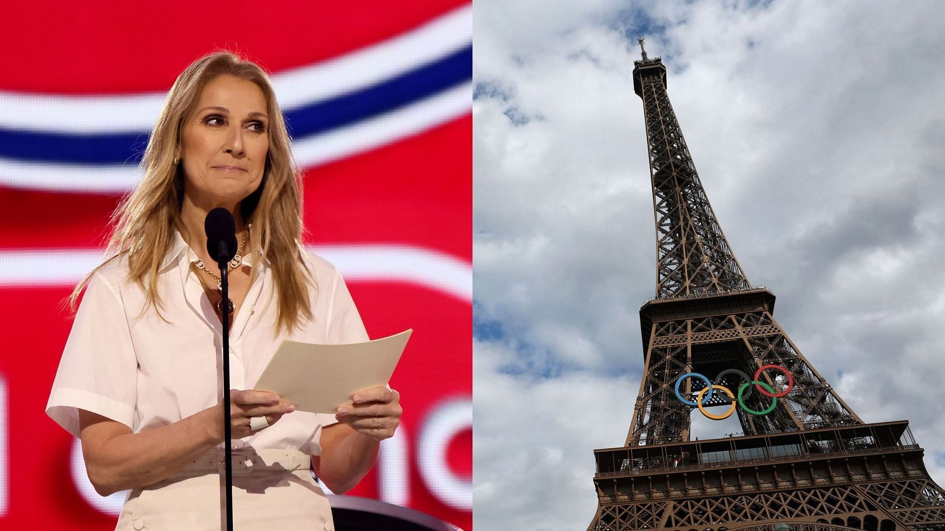 Celine Dion and Eiffel Tower with Olympic Rings (Images via Getty)