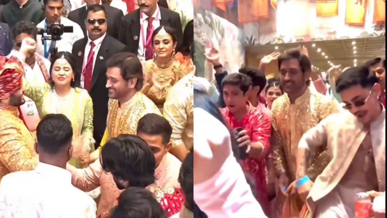 एमएस धोनी अपने परिवार के साथ शादी में पहुंचे (Image Credit: Screengrab from X/ @mufaddal_vohra)