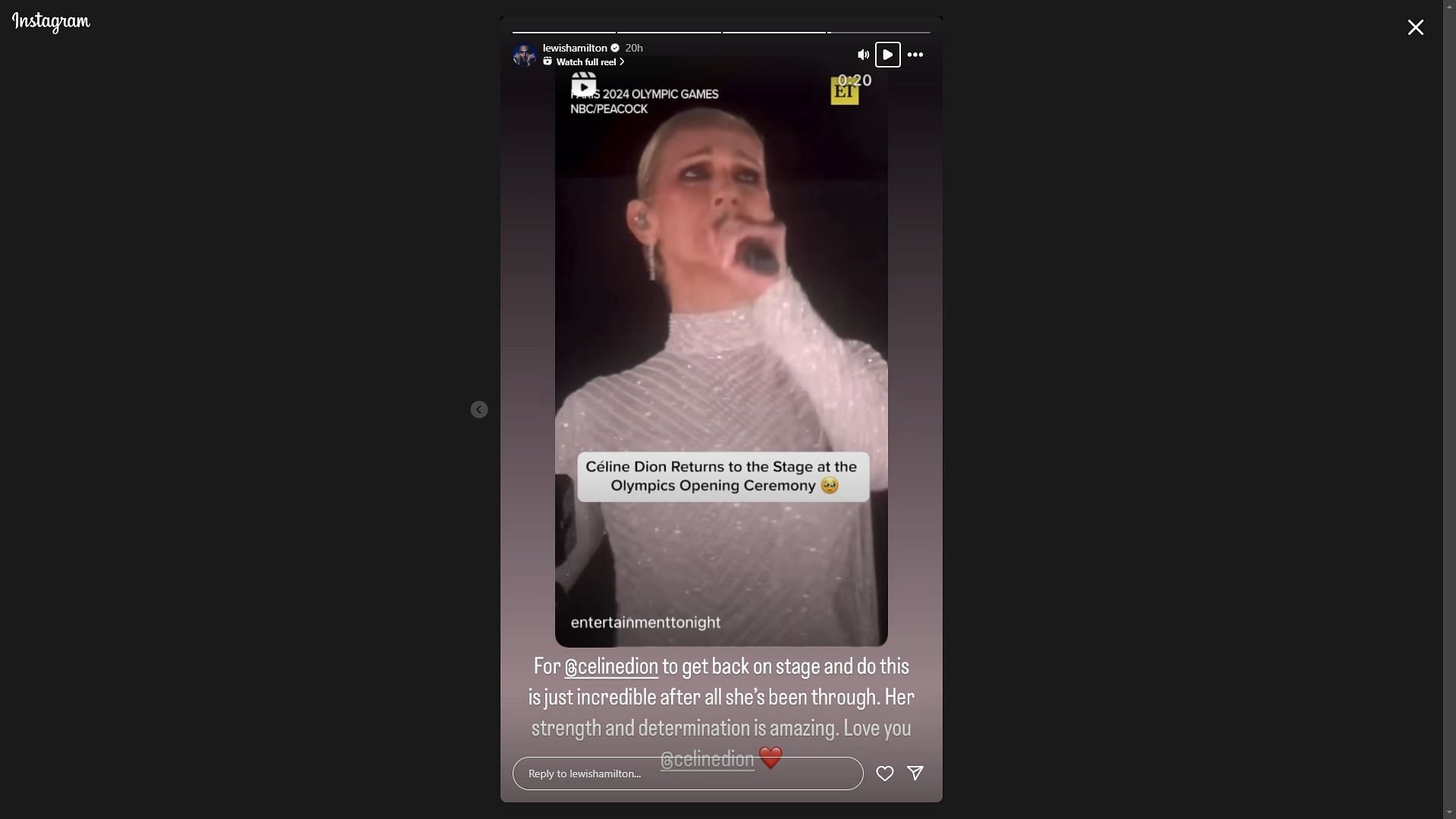 Lewis Hamilton praising Celine Dion&#039;s performance at the 2024 Paris Olympics Opening Ceremony (Image via Instagram/@lewishamilton)