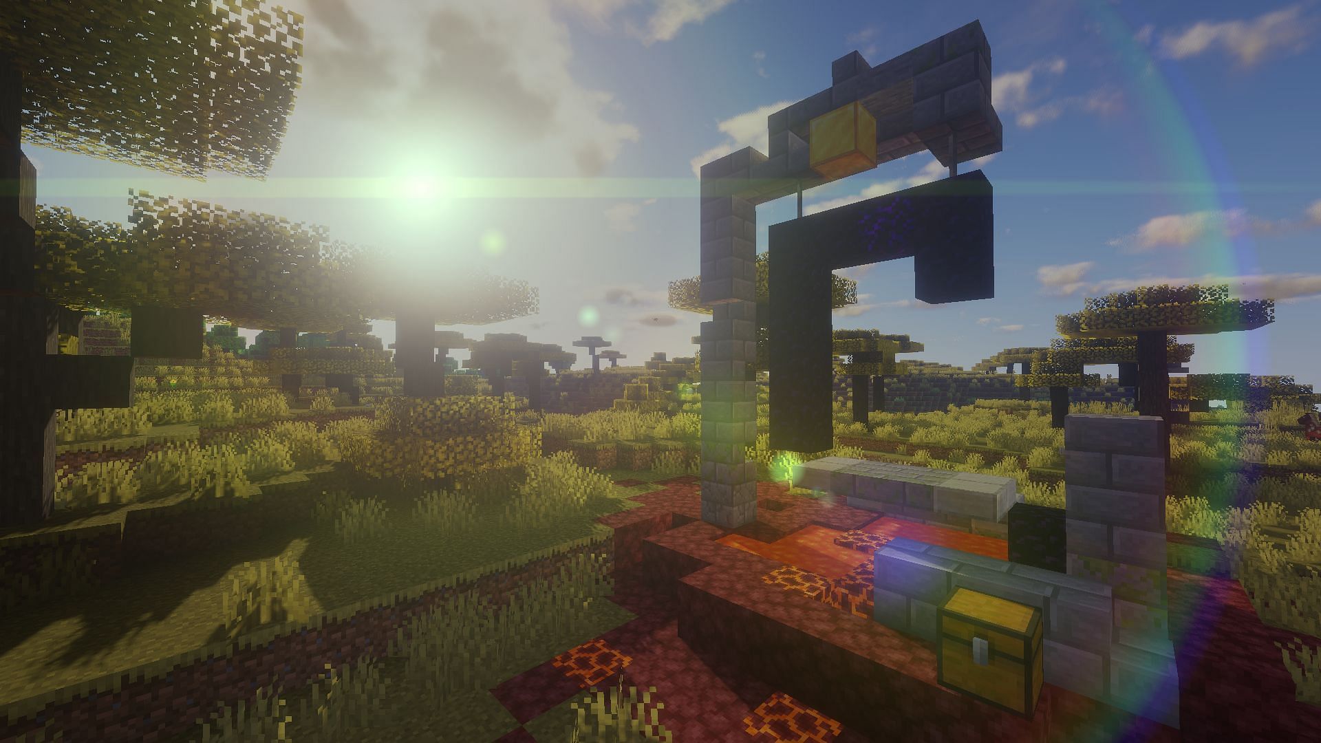 A Nether portal and sunrise with the Beyond Belief Shader (Image via Mojang)