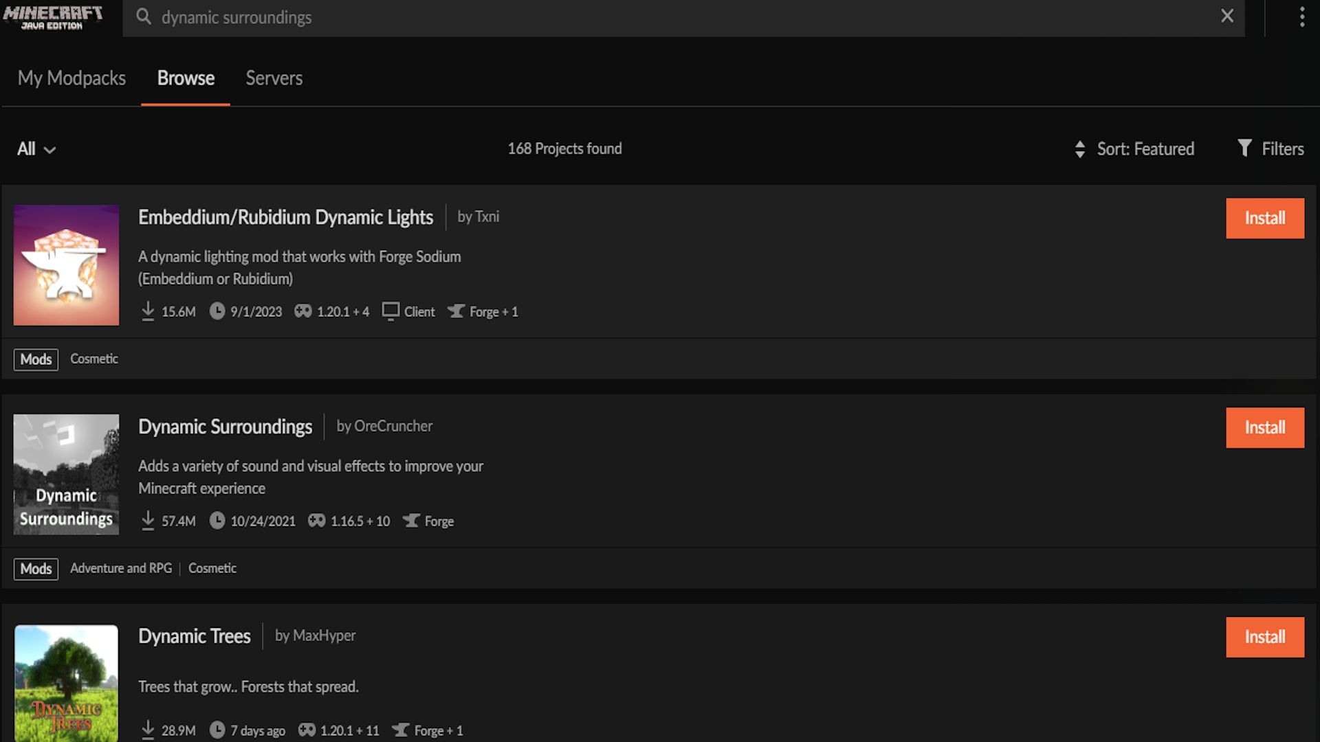 The search results for &quot;Dynamic Surroundings&quot; (Image via CurseForge)