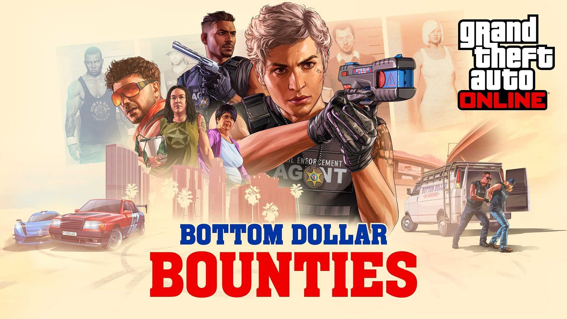 An official cover image of Bottom Dollar Bounties DLC for Grand Theft Auto Online (Image via Rockstar Games)