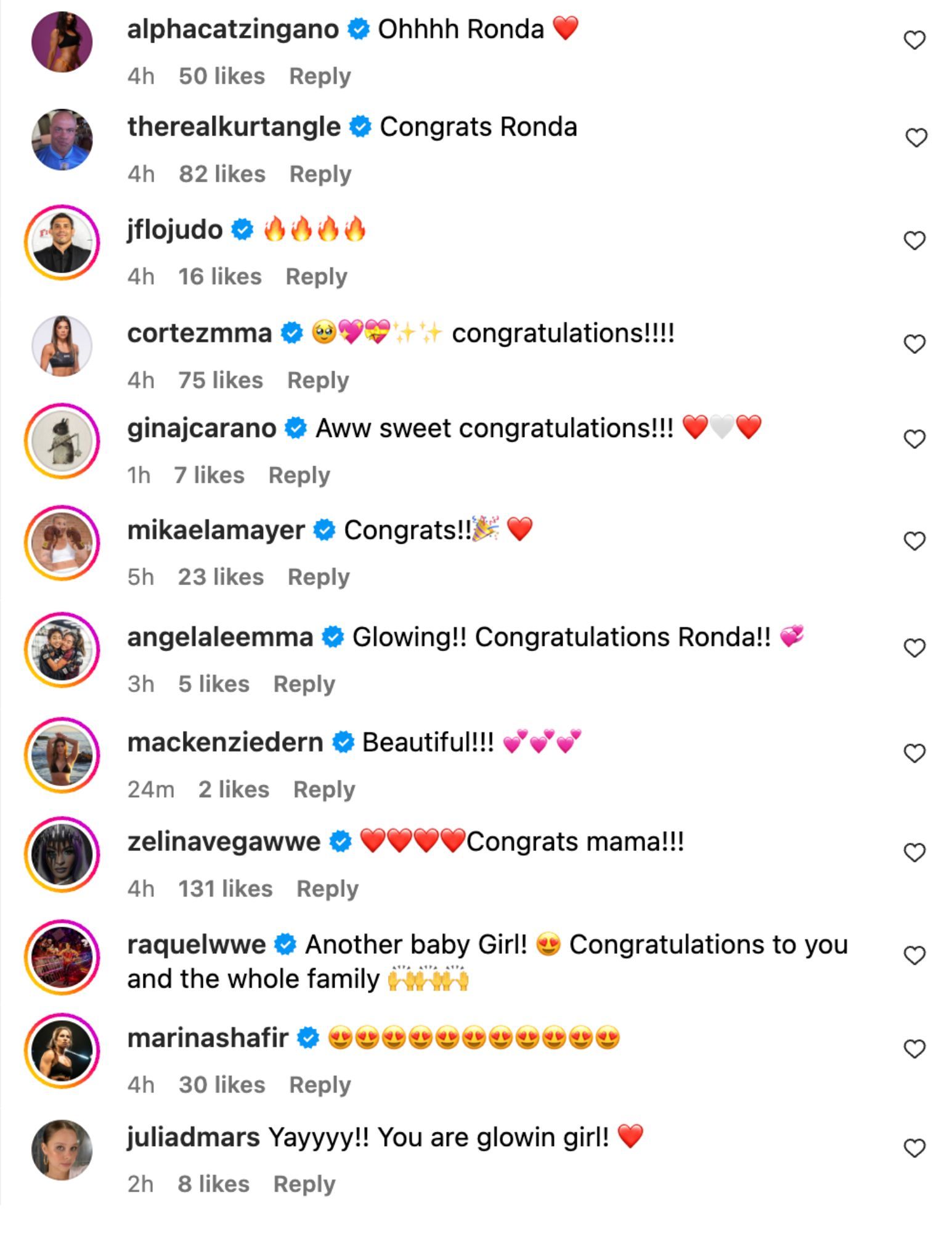 Fans and fighters react to Ronda Rousey announcing the gender of her new baby. [via @rondarousey on Instagram]