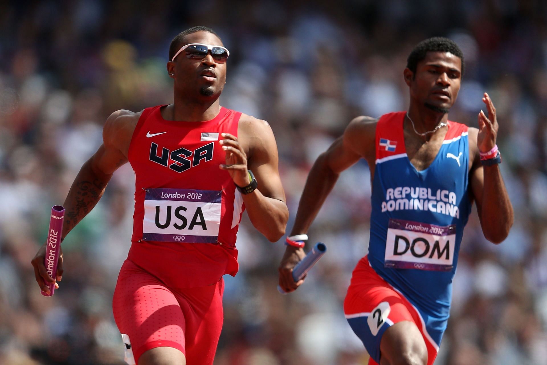 Manteo Mitchell of USA competing in the 4 x 400 m relay heats at London Olympics 2012