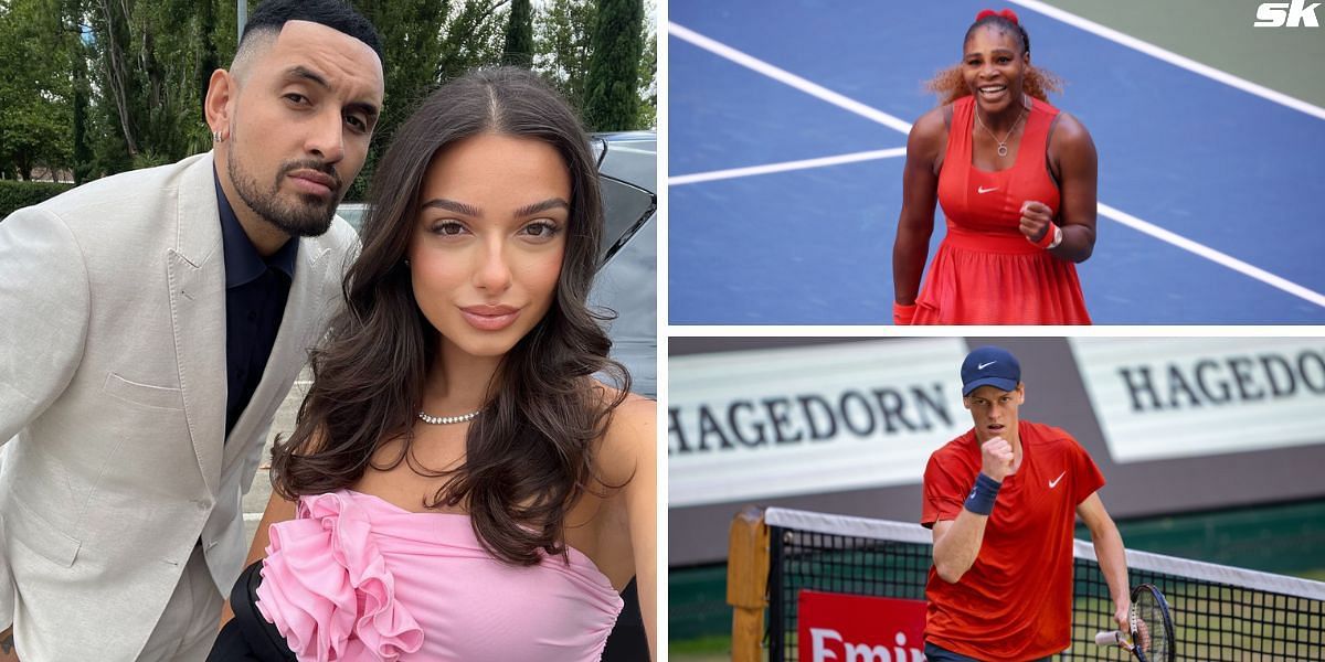 Nick Kyrgios with Costeen Hatzi(L), Serena Williams and Jannik Sinner (Source: Instagram/Costeen Hatzi, GETTY)