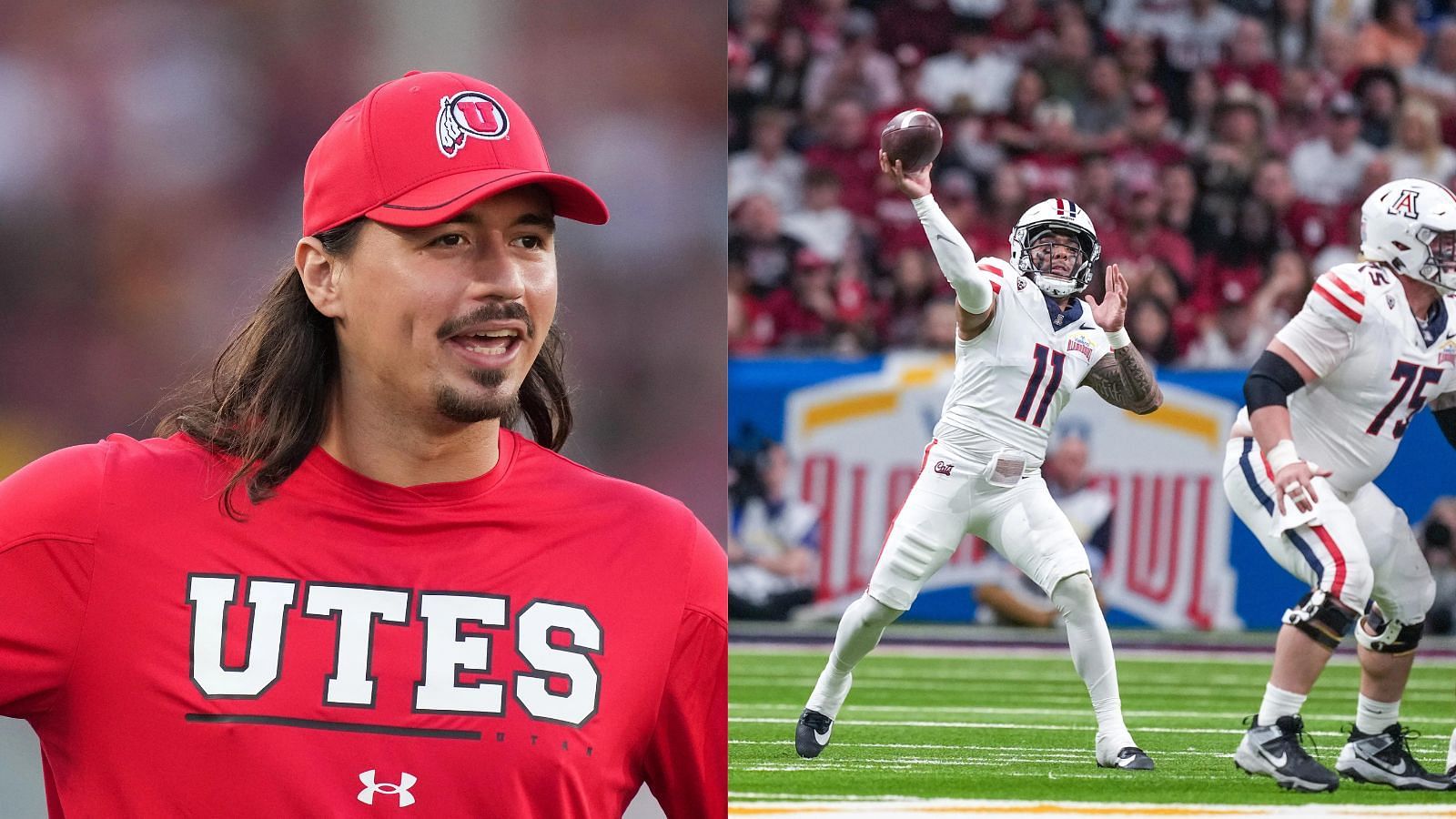 New Big 12 QBs Cam Rising of Utah and Noah Fifita of Arizona could enhance the league. (Photo Credits: Rising by Kirby Lee- USA TODAY Sports, Fifita by Daniel Dunn- USA TODAY Sports).