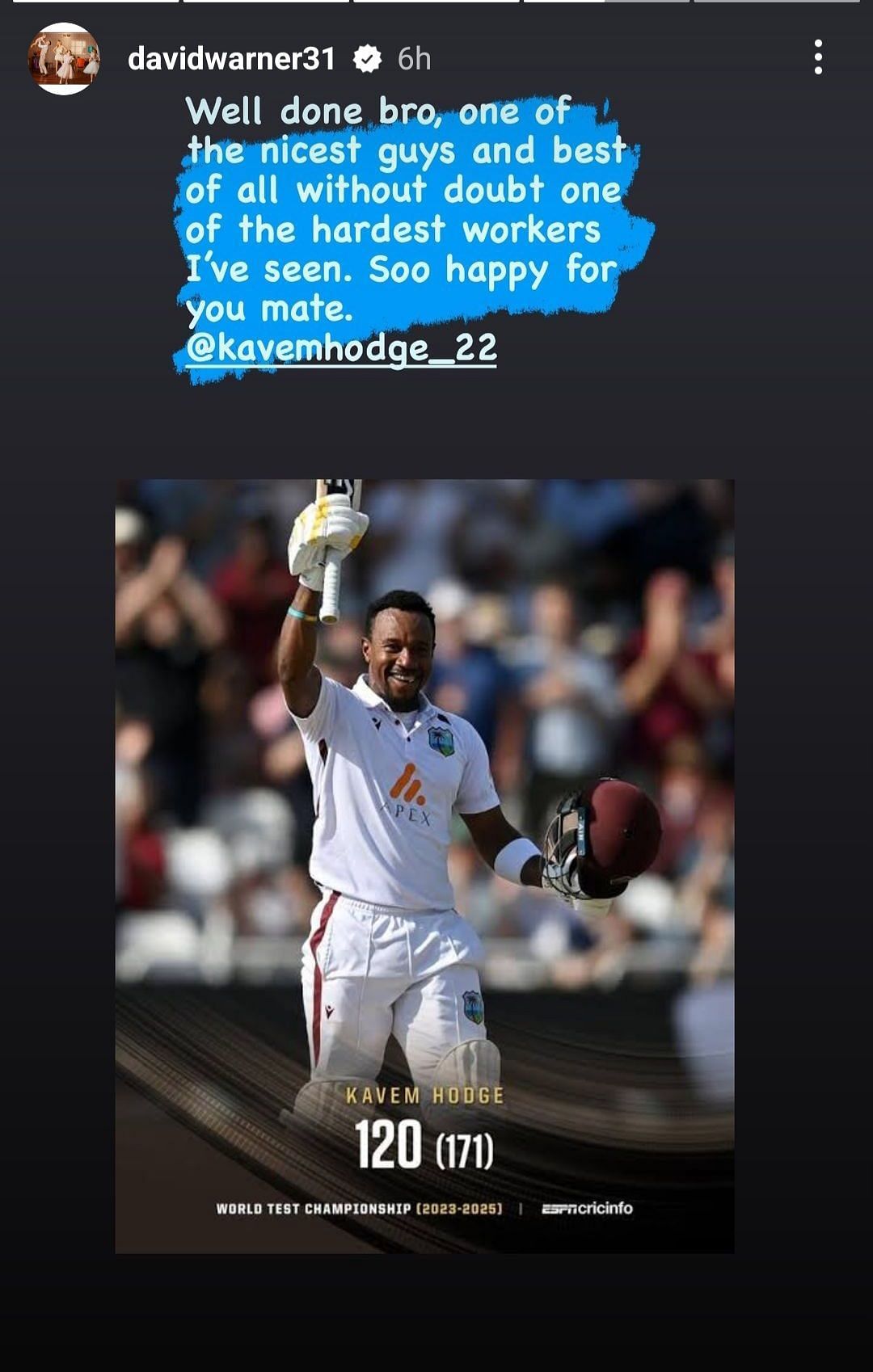 David Warner applauds Kavem Hodge for his brilliant innings (Image via Instagram/@davidwarner31)