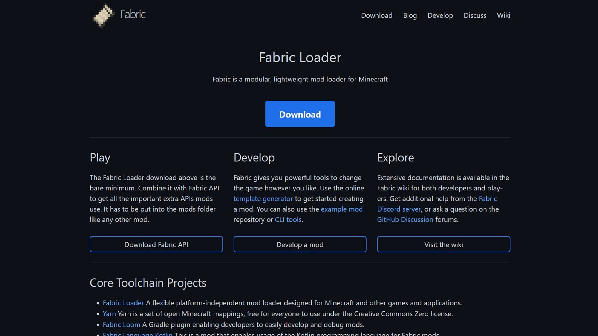 Installing this Minecraft mod can be accomplished with three different mod loaders (Image via Fabricmc.net)