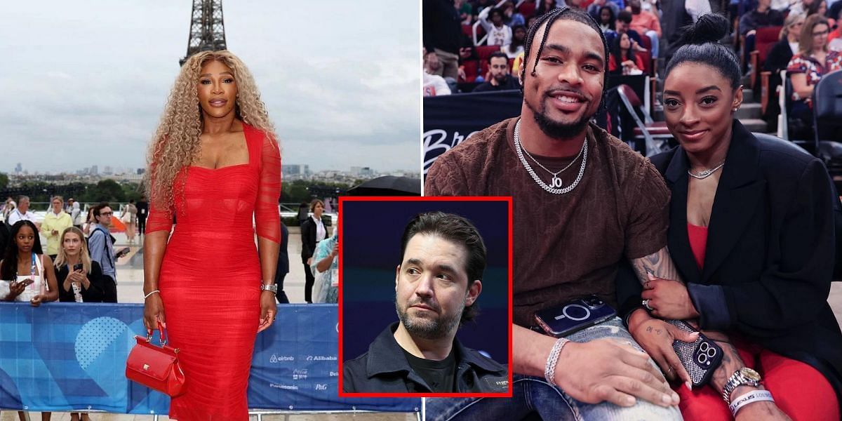 Serena Williams (L), Alexis Ohanian (inset), Simon Biles and Jonathan Owens (R) (Images via GETTY)