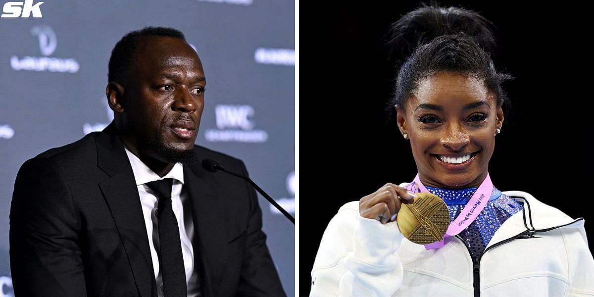 Usain Bolt (L) backs Simone Biles (R) to finish on the podium at Paris Olympics 2024. PHOTO: Both from Getty