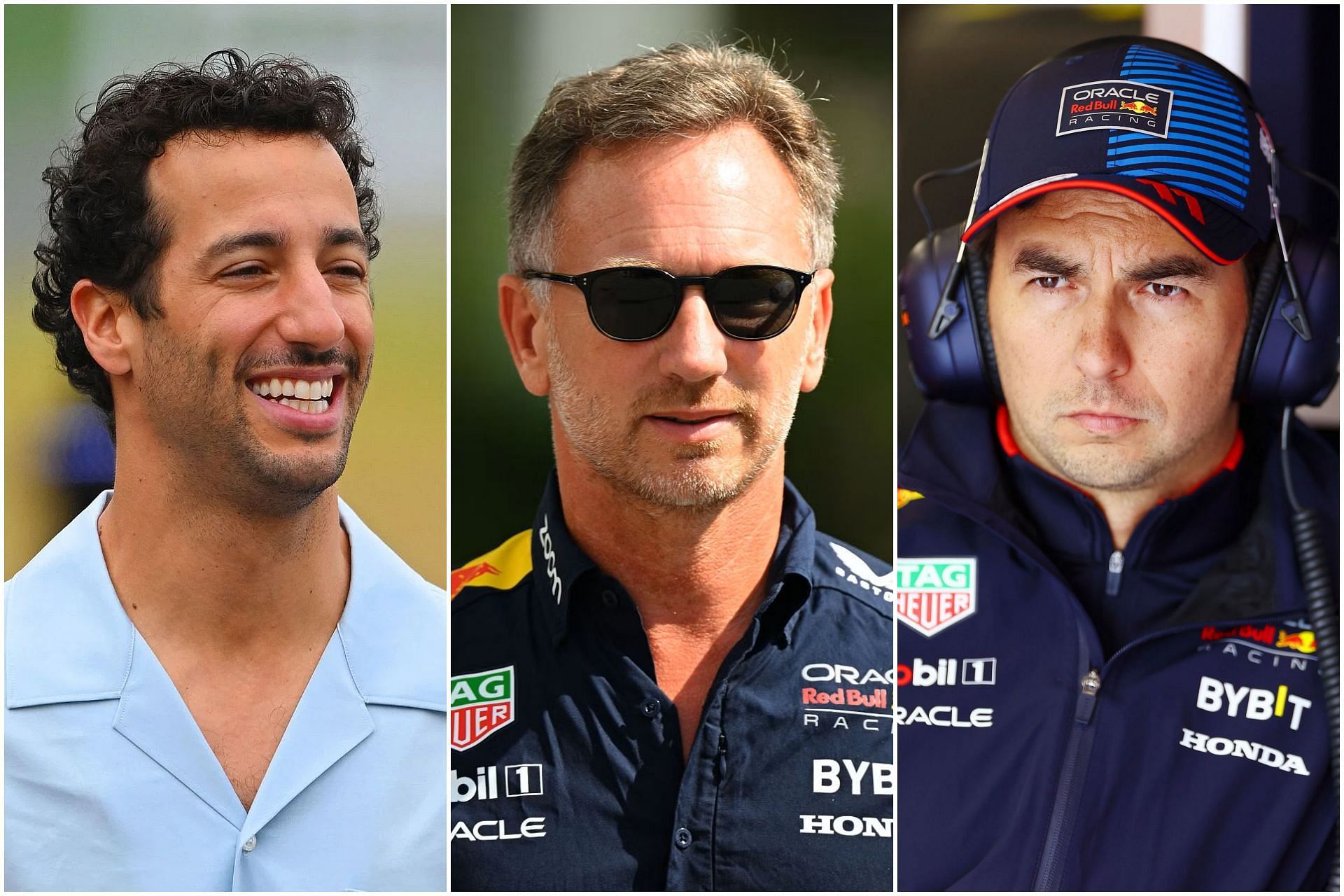 Daniel Ricciardo (L), Christian Horner (C), and Sergio Perez (R) (Collage via Sportskeeda)