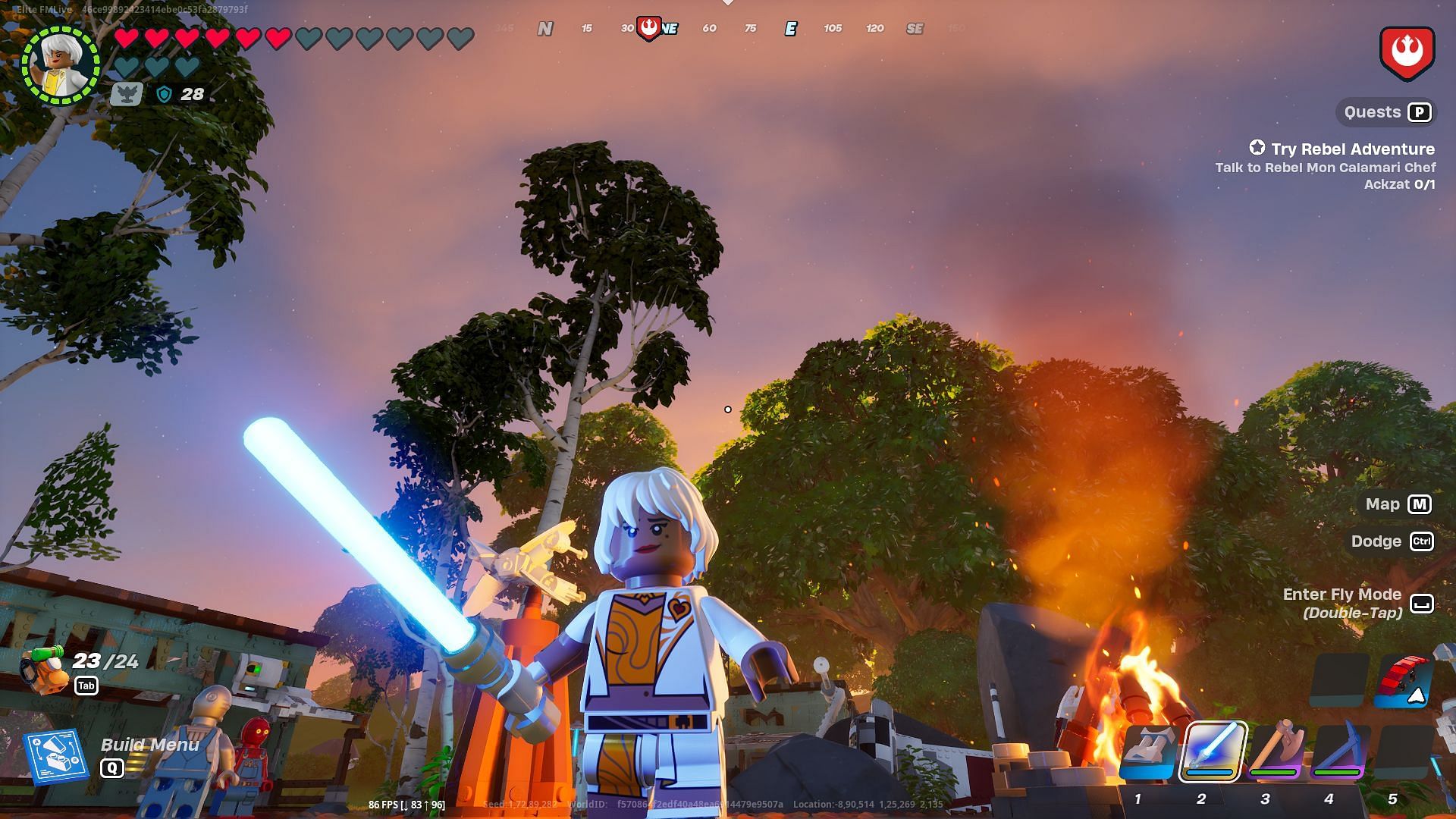 Get your first lightsaber in LEGO Fortnite after upgrading your Rebel Outpost to Level 6 (Image via Epic Games)